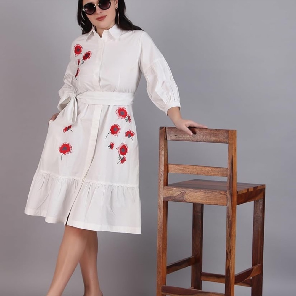 New Carolina Herrera Embroidered Midi Shirt Dress Size 8 - Picture 12 of 13